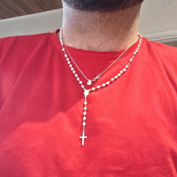 Sterling Silver Rosary Necklace With Cubic Zirconia - Picture 8 of 10